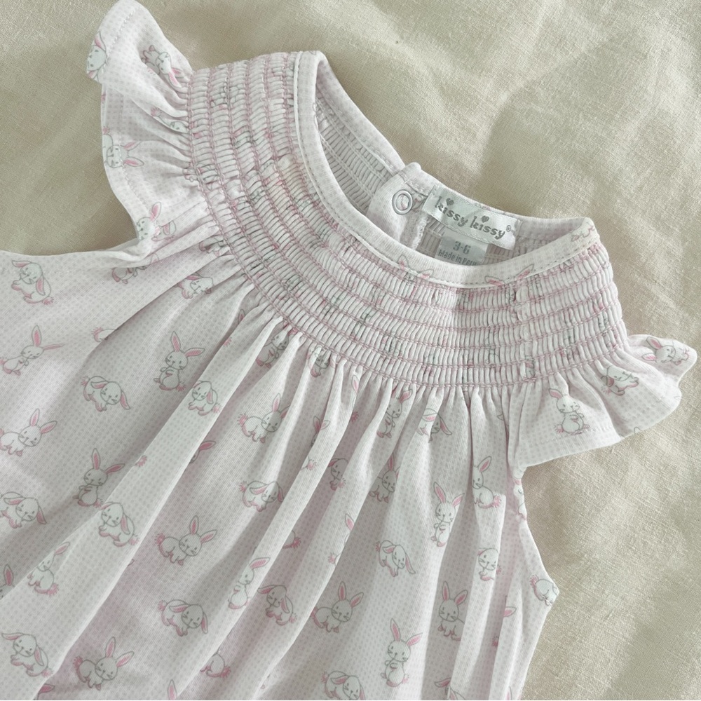 Kissy Kissy Pink and White Smocked Bunny One-Piece